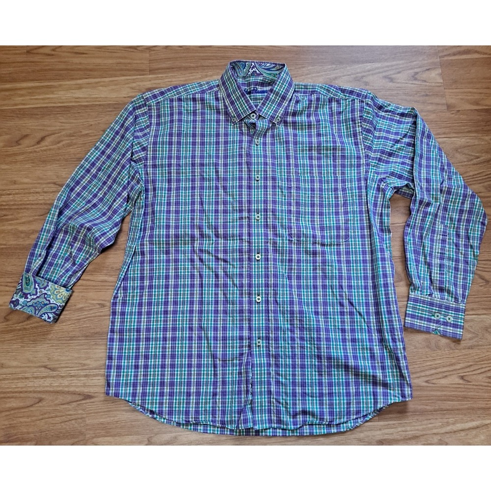 Alan Flusser Shirt Mens Large Purple Plaid Long Sleeve Button Paisley Casual